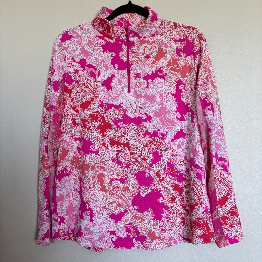 IBKUL Pink and White Paisley Quarter-Zip Performance Top